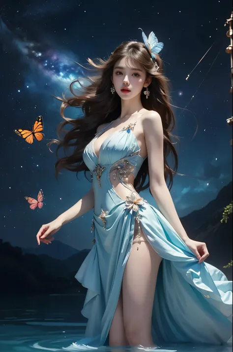 Beautiful dance, She gently lifted her skirt with one hand, Long legs , In the swimming pool, ((Flowing long hair))Official Art , Unity8k Wallpaper , Extremely detailed , Visible cleavage, Pretty and beautiful , 性感Long legs, masterpiece , best quality ,Pra...