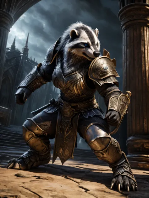 striped badger, big breasts, blue eyes, detailed fur, armor, sword, fighting pose, monster, (best quality,4k,8k,highres,masterpiece:1.2),ultra-detailed,(realistic,photorealistic,photo-realistic:1.37),fantasy,hyper detailed,cinematic lighting,intricate deta...