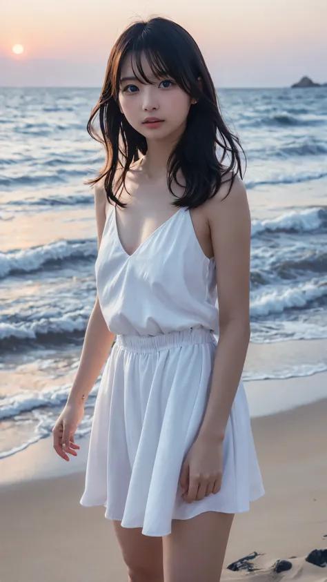 An 1 girl stands sideways on the beach at sunset。Long blonde hair fluttering in the wind、Blue eyes staring into the distance。The white dress is dyed in the colors of the sunset、Small waves are lapping on the sand。With a touch of watercolor、A soft light sur...