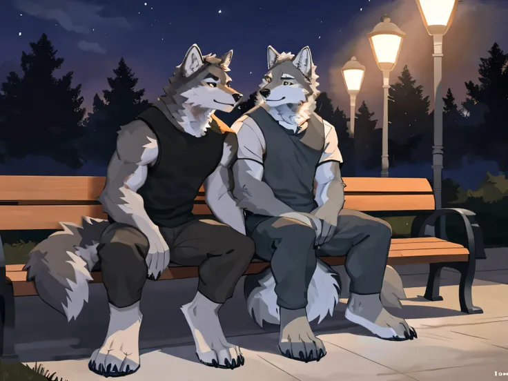 Scenes:Park Bench,Street light time:Evening content:Two wolves sitting on a bench,Sleep next to each other,The wolf on the left is blue,The wolf on the right is gray。Heads leaning against each other,Hands interlocked on the right wolf's tax refund