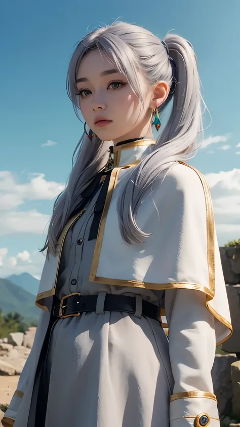 (Highest quality、Masterpiece)、Detailed landscape、(((Gray Hair)))、Beautiful detailed green eye、Detailed five fingers、quietな湖(Reflecting the vivid evening sky)、Color nuances、quiet、Freezing、1 person、Long Hair、Pointed Ears、Twin tails、Earrings、Capelet、白いCapelet...