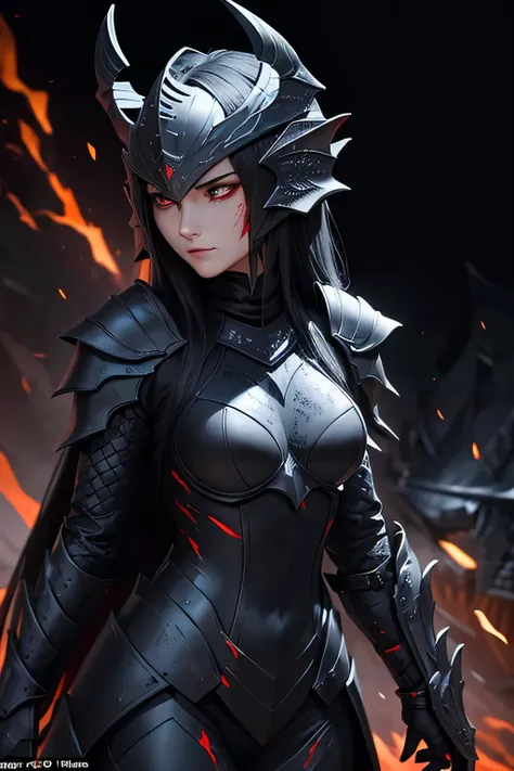 a slender female dragon knight in (((jet-black))) armor designed to resemble dragon scales, with a full helmet shaped like a dra...