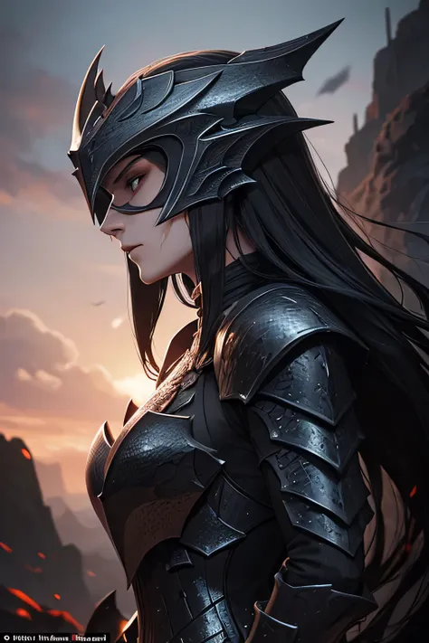 a slender female dragon knight in (((jet-black))) armor designed to resemble dragon scales, with a full helmet shaped like a dra...