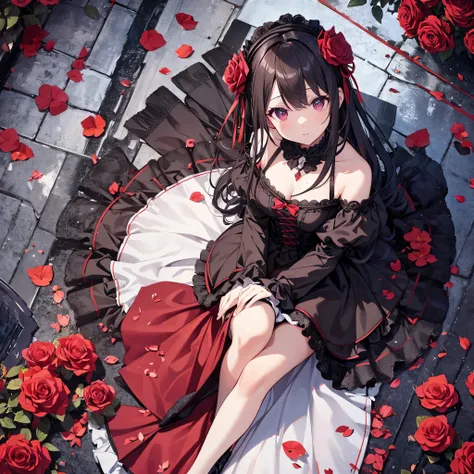 High resolution, Attention to detail, high quality, High resolution, 最high quality, 4K, 8k, Awards、break、Gothic、Gothic Lolita、break、Rose petals falling、Mystical artwork、Flat Color、Rose Floor Background、Wide-angle lens、Looking down from above