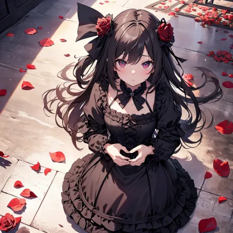 High resolution, Attention to detail, high quality, High resolution, 最high quality, 4K, 8k, Awards、break、Gothic、Gothic Lolita、break、Rose petals falling、Mystical artwork、Flat Color、Rose Floor Background、Wide-angle lens、Looking down from above