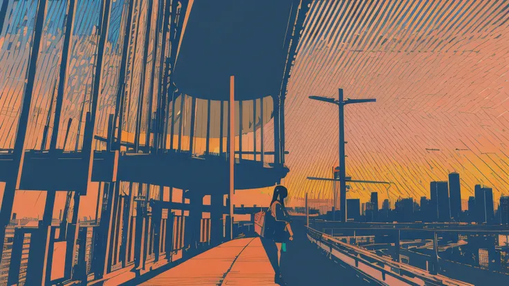 masterpiece, best quality, Flat Color, Limited color palette, Low contrast, (Clear lines), 1 Girl, long straight Black hair, Halo, Man with backpack looking away, permanent. smokes, Night Sky, City, Sunset, Skyscraper, bridge, Road signs, Depth of Field, b...