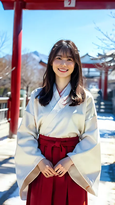 (8k、RAW Photos、Highest quality、masterpiece:1.2)、(Realistic、Realistic)、1 person、shrine、sunny weather in winter、The leaves are falling、Snow Scene、The plants are covered with snow、Japanese Clothing、Plain white kimono、The skirt part is red、Shrine maiden、Standi...