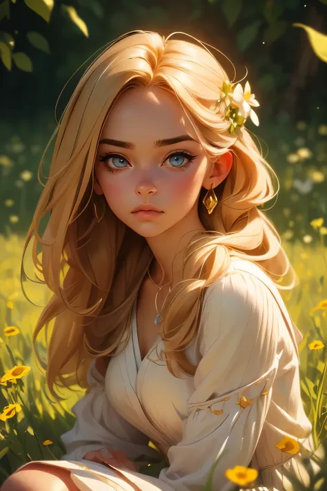 a girl with long flowing hair, beautiful detailed eyes, beautiful detailed lips, extremely detailed face, delicate features, melancholy expression, wearing a dress, sitting alone in a field of wildflowers, dramatic lighting, cinematic, moody, golden hour, ...