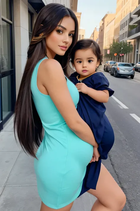 16 years cute beautiful hot super bowl girl with beautiful face with different stylish long hair with his   cute little baby with pregnant with stylish modern mixed colour modern sexy  dress with cute oic