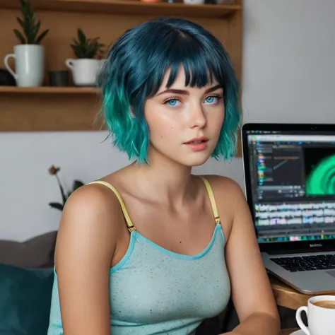 Woman 20 Years Old Nordic Ethnicity, short blue hair with a perfect face and light freckles, Blue-Green Eyes, A shot of NovaiBrew in her studio, focused on her laptop with music software open. The setting is warm and inviting, with a cup of coffee nearby. ...