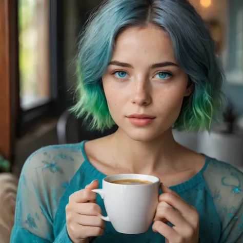 Woman 20 Years Old Nordic Ethnicity, short blue hair with a perfect face and light freckles, Blue-Green Eyes, A close-up of NovaiBrew’s hand holding a coffee cup, with soft morning light streaming in. She’s in a cozy yet elegant setting, perhaps with part ...