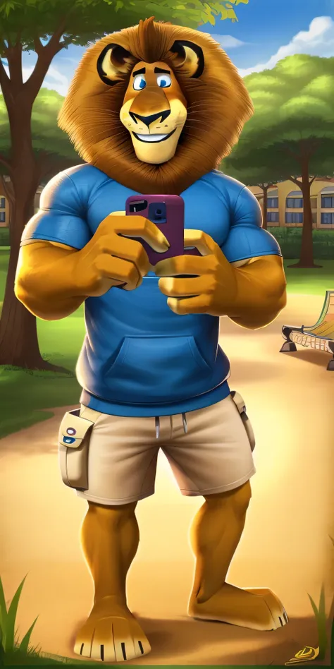 Alex the Lion, muscular body, big biceps, extremely beautiful and cute face, perfectly detailed blue eyes with perfectly detailed pupils, wears blue sweatshirt, white cargo shorts, bare feet, park background, selfie, friendly look, cute smile