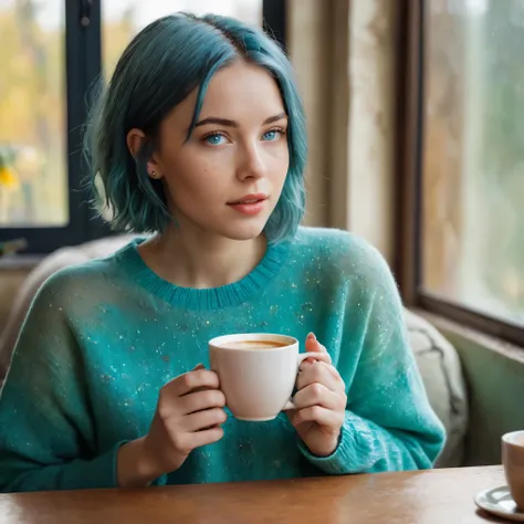 Woman 20 Years Old Nordic Ethnicity, short blue hair with a perfect face and light freckles, Blue-Green Eyes, A close-up of NovaiBrew’s hand holding a coffee cup, with soft morning light streaming in. She’s in a cozy yet elegant setting, perhaps with part ...