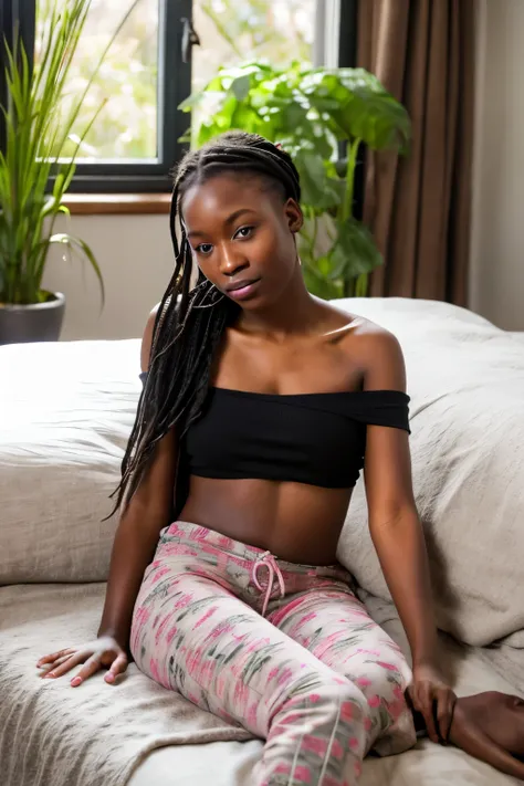 (photorealism:1.2), beautiful african woman, sitting on bed, wearing loose off-shoulder top, pajama pants, long braided hair, indoors, soft lighting, plants in background, window with sunlight, cozy room, relaxed pose, realistic, intricate details, warm co...