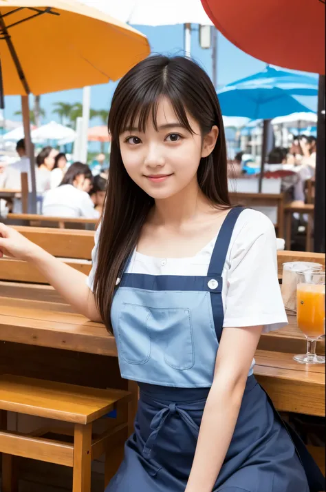 A girl (twenty years old, Japanese cute face) are wearing apron, mini skirt at the beach bar