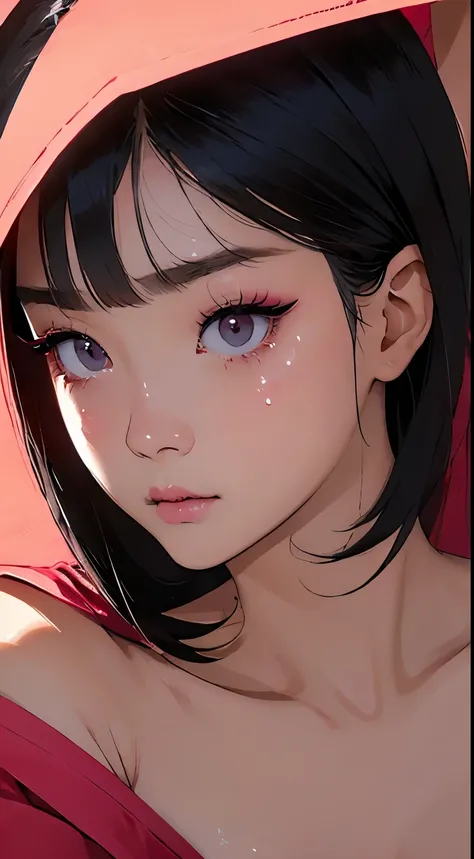 Beautiful and attractive Asian woman、Half-body photo、Delicate and sexy collarbone、Attractive oval face、double eyelid、bright peach-colored eyes、Pink Lips、Small Nose、cry、Face close-up、Black Hair、Bobcut、Ultra-high resolution、Super detailed、Extreme close-up、Re...