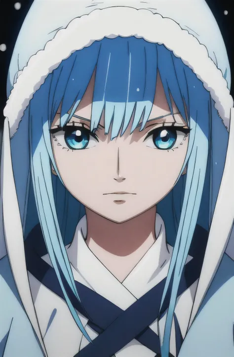 1girl, wanostyle, light blue hair, long sleek and straight cut, a girl with light blue hair and dark blue eyes wearing a bonnet and a white parka in front of a white background with snow, juvia lockser (fairy tail), closed mouth, light-skinned female, (lig...