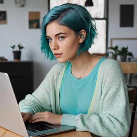 Woman 20 Years Old Nordic Ethnicity, short blue hair with a perfect face and light freckles, Blue-Green Eyes, A shot of NovaiBrew in her studio, focused on her laptop with music software open. The setting is warm and inviting, with a cup of coffee nearby. ...