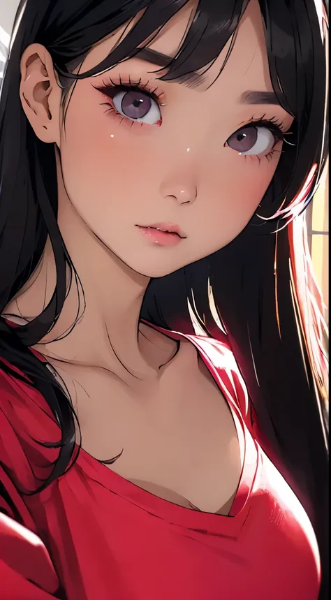 Beautiful and attractive Asian woman、Half-body photo、Delicate and sexy collarbone、Attractive oval face、double eyelid、bright peach-colored eyes、Pink Lips、Small Nose、Large Breasts、Face close-up、Black Hair、Twin tails、Ultra-high resolution、Super detailed、Extre...