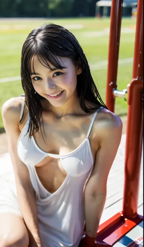 Beautiful woman looking at the camera、Detailed Photos、 people、(Slime-ified、Great tit、flat 、小さなSexy pose:1.2、Wet body、Soaking wet、Sexy pose、Wet body、Soaking wet、Slender、From above、Delicate and sexy collarbone、1 female、three & Field Athlete、（White sports min...