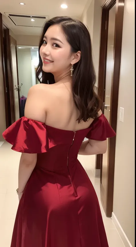 Realistic female college student in formal clothes、Chubby body type、Plump、big、height　155cm、maternal、A kind smile、((Long dresses、Glowing red、Gorgeous Dress、Off the shoulder))、Walking the hallway、Shooting from behind、From behind、back、Laughter, View your view...