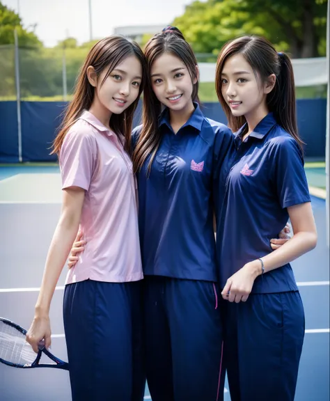 3 girls play tennis at tennis courts, Navy blue short-sleeved shirt,Navy Long Trackpant,Sweatpants, Sweatpantsขายาว,2 girl, lesbian, sexy, exercise clothes, wet body, exercise clothes