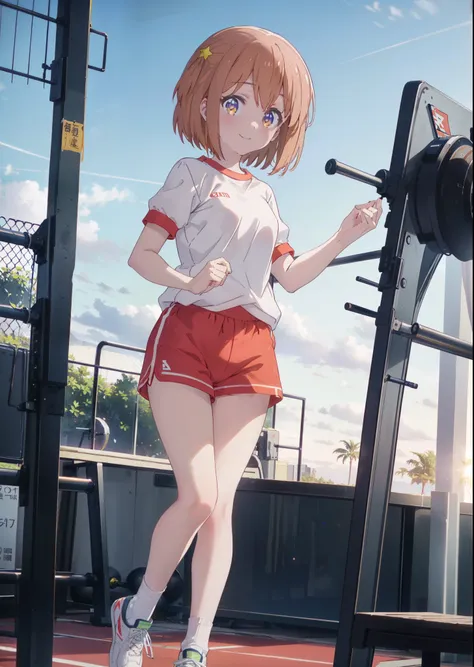 mira konohata, evening,sunset sky,seaside,orange clouds,check it out, short hair, bangs, orange hair, (purple eyes:1.2),(gym clo...