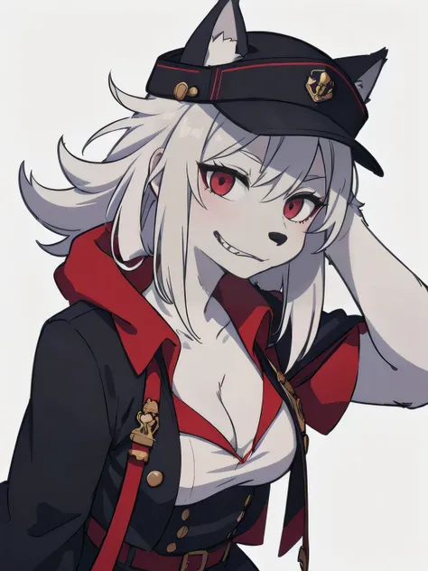 solo, military costume,, beautiful silver hair, beautiful red eyes, beautiful eyes, Jagged teeth, hat, cool, ((Enticing furry)), solo, leggy, hairy,((smart wolf face)),upper body,(((hand on headwear))