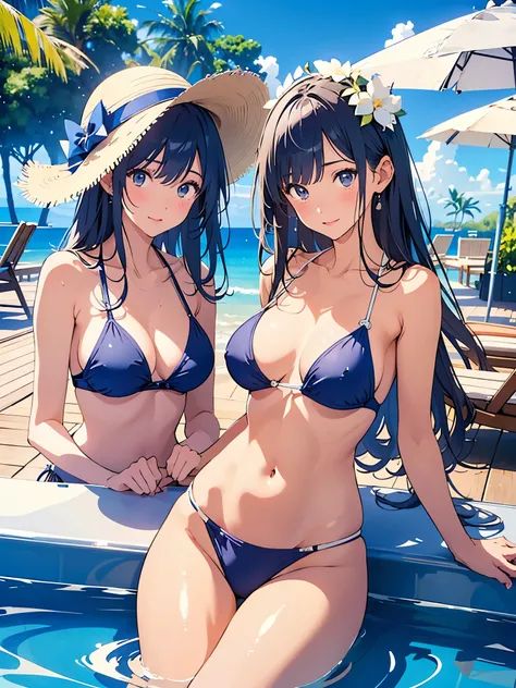 navy blue and white high leg swimsuit、2 female gravure idol、Wet Skin、Narrow waist、White skin、Medium Hair、Sensual look、Sexy pose、Poolside at a luxury resort hotel