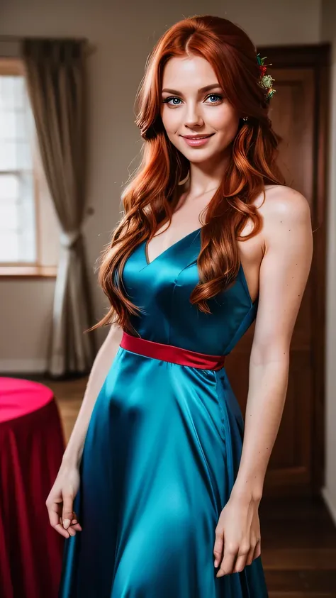 Realistic full body photo of a smiling, Young red-haired girl with long hair, She dances in front of the camera in a long two-tone A-line bridesmaid dress with straps made of shiny blue and red satin., Park,glamour fotoshooting, Wedding celebration, perfec...