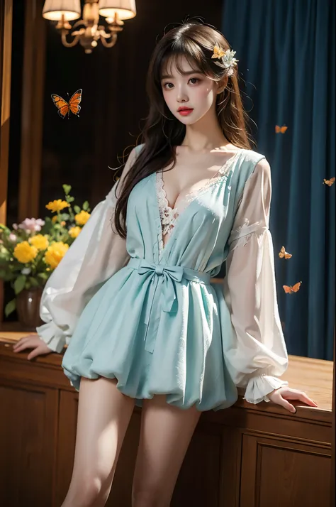  Beautiful dance, She gently lifted her skirt with one hand, Long legs , In the swimming pool, ((Flowing long hair))Official Art , Unity8k Wallpaper , Extremely detailed , Visible cleavage, Pretty and beautiful , 性感Long legs, masterpiece , best quality ,Pr...