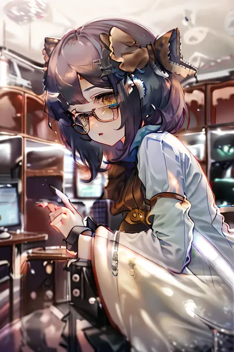 pastel (medium),1girl,black hair, looking at viewer,  office lady, undersea, octopus tentacles, short hair, sailor uniform, solo, glasses, lolita fashion, deep sea, purple hair ribbon, sitting at desk, computer is on desk, taisho Roman 