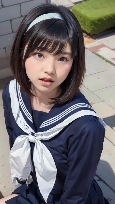 sailor suit, 8k, highest quality, masterpiece, Super detailed, ultra high resolution, realistic, RAW photo, absolute resolution, face is small compared to body, very small face, black hair, navy blue sailor uniform, Dark blue skirt, 3D rendering, realisti...