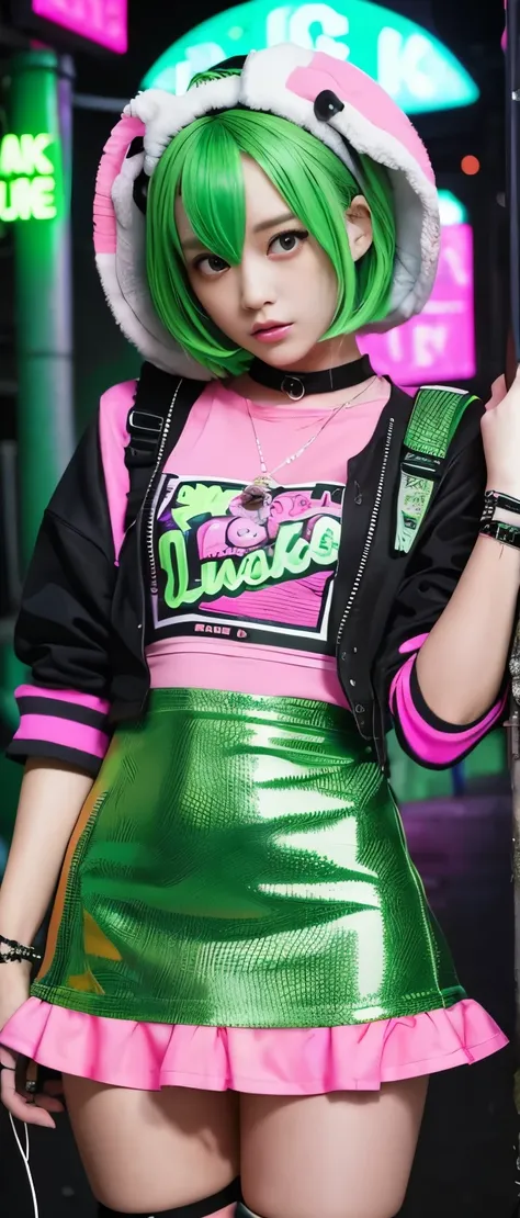 Cool punk idol girl、whole body、Good style、、、、、、、、、、Thick legs、、、Fluorescent pink and green junk armor dress（punk jacket）、Cool girl face、、、、Glowing Cable Tentacle、Garbage dump