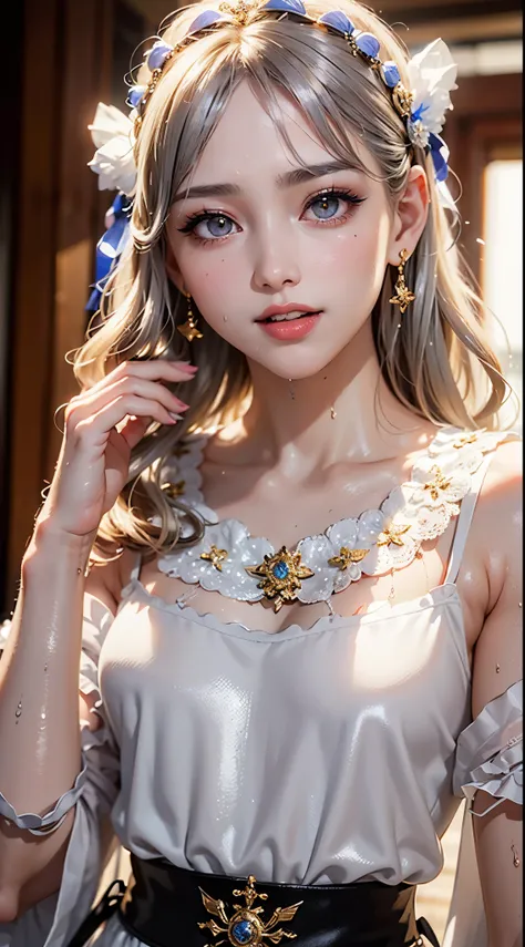 Brunette Girl, big Smile, Super beautiful sparkling eyes、Hanging from the ceiling with rough rope around his arms、Sweat、The rope bound her body、Wet body、Rough rope digging into crotch、A large amount of liquid flows out from the groin、One leg is suspended a...