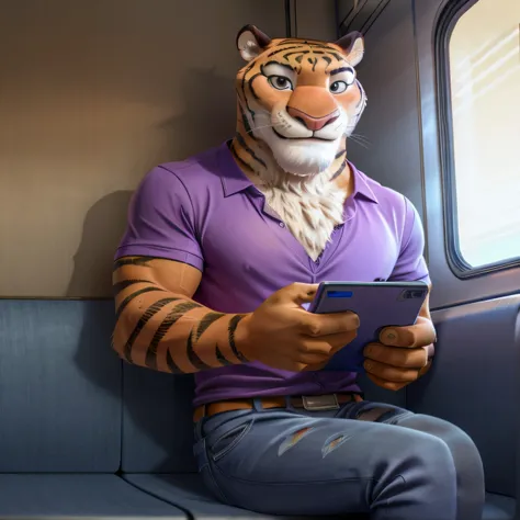 zootopia cartoon, furry tiger, tall, slender, handsome, extremely beautiful and cute face, muscular body, gentle look, wears pur...