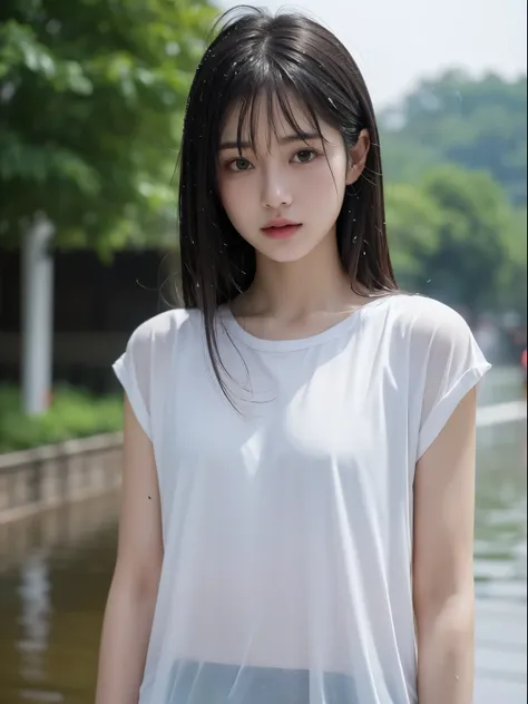 (8k, Top quality, Masterpiece:1.2), (Realistic, photo-realistic:1.37), Super detailed, perfect anatomy, cute, small eyes, 1, a Japanese, girl, rainy, bangs, wet hair, wet clothes, sweat body,