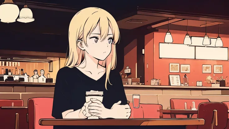 (Low contrast), (Lo-Fi), (Cowboy Shot, 1 person, Blonde, Black T-shirt), (Calm café, Pink lighting)