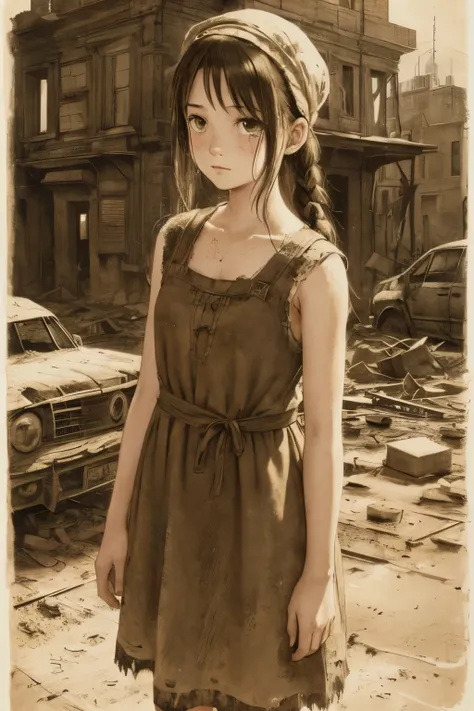 A cute young girl with a blank expression and traces of tears, wearing a tattered sleeveless dress, standing frozen in a ruined city, a pen drawing like an illustration for a novel on the theme of the end of the world, detailed hatching, various hatching, ...