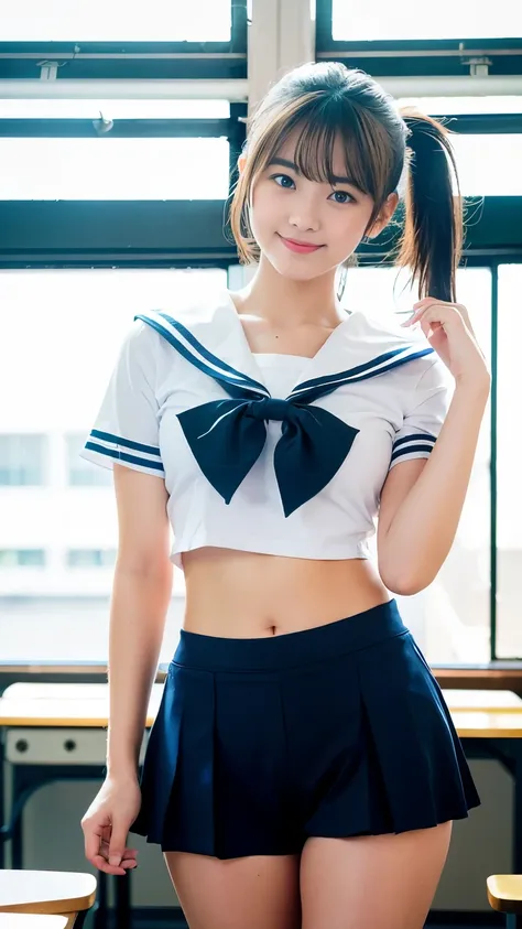 girl standing in a classroom at school,White sailor shirt and navy bikini bottoms,,bangs,a little smile,thighs thighs thighs,share,knees,short cut hair,ponytail,from below, camel toe