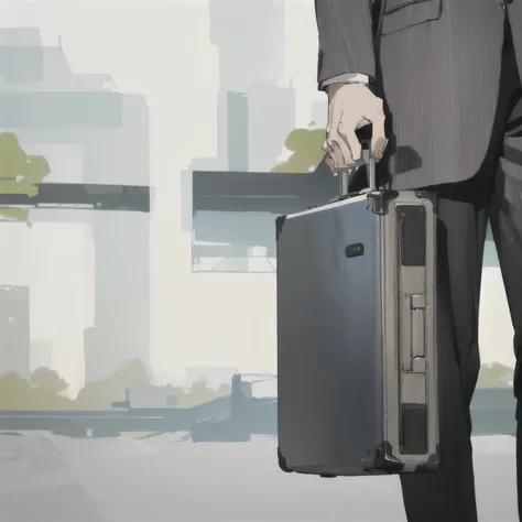 man holding suitcase, cartoon style, drawing style.