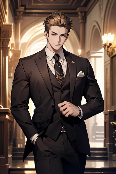 A handsome man in a brown gray suit, a bodyguard in dark clothes, two people walked up the stairs of the villa to the living room, perfect face, perfect hands, (best quality, 4k, 8k, highres, masterpiece:1.2), ultra-detailed, (realistic, photorealistic, ph...