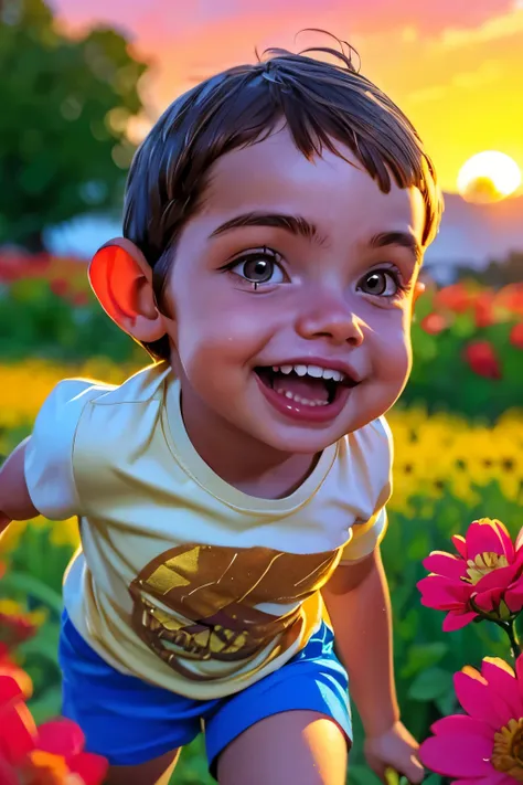 (((close-up face))). A joyful boy with short brown hair, 6yo, wearing a colorful t-shirt and shorts, running in a field of flowers during sunset, smiling happily, surrounded by blooming flowers, the golden light of the setting sun illuminating his face, ca...