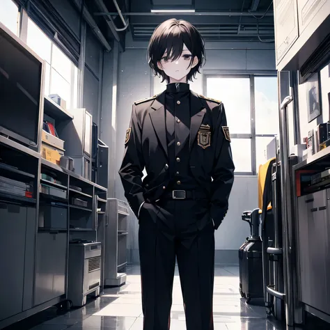 male character, black hair, expressionless, uniform, innocent, , Pale skin, black eyes