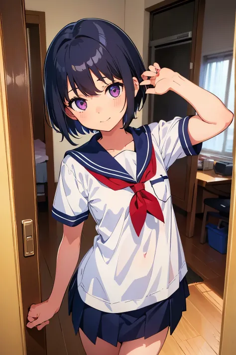 Girls room　Elementary school student, , toddler, flat chest, short black hair　Inner curl 　Rei Ayanamis hair　Purple Eyes　smile　White short-sleeved sailor uniform top　Navy blue mini skirt　White panties　Girls&#39; Shorts　barefoot　（（I can see her panties））　Are...