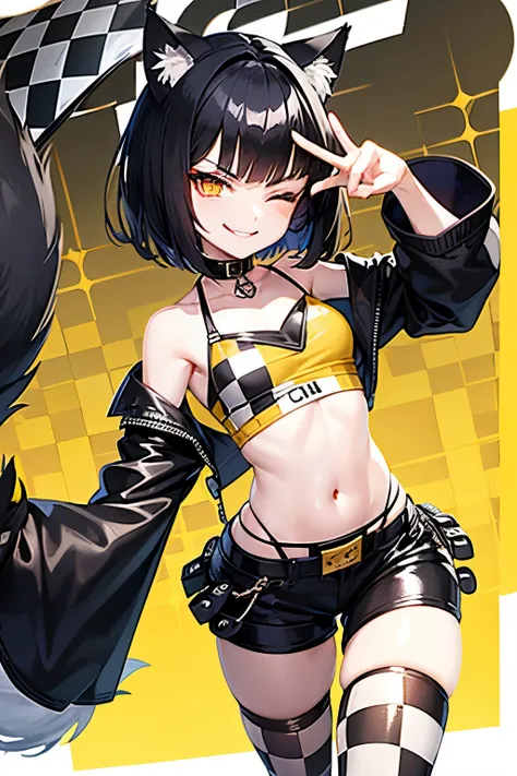 Wolf cut black hair, short bob, gold eyes, summer clothes, smirk, background、Checkered flag, one eye closed, pale, slim, tail doesn&#39;t fit。The number of fingers、5 bottles。Natural Makeup。 There is one person。Close up of face。anyway、cute。