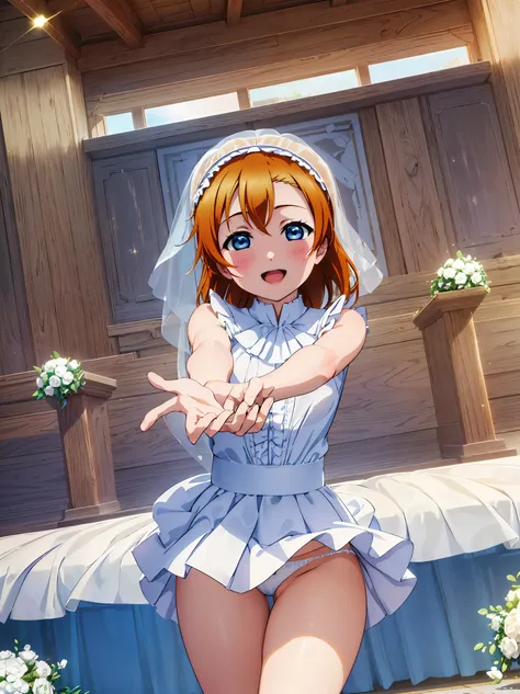 Highest quality, masterpiece, High resolution, alone, {Honoka Takasaka　lovelive:1.15}, blue eyes, Orange Hair,short hair , smile, Open your mouth,(Wedding dress)(,Veil),bouquet, break looking at viewer, whole body,(Cowboy Shot:1. 5), break indoors, Chapel,...