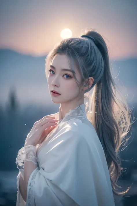 masterpiece, (highest quality: 1.2), (super fine: 1.2), figure, (very delicate and beautiful: 1.2), film angle, floating, (beautiful detail eyes: 1.1), (detail light: 1.1), film light, delicate sky, woman, gray hair, blue eyes, (high ponytail: 1.1), cloak,...