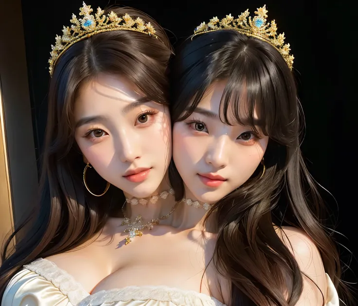 (2heads:1.2), two korean princesses, 2women, bangs