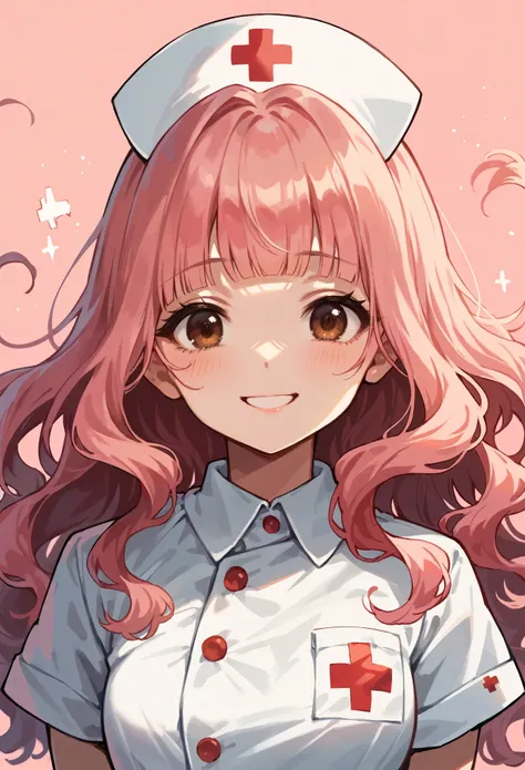 high resolution,smile,happy,light smile,woman,woman1人,adult,Clear,cute,
blunt bangs,Pink Hair,BREAK, Brown eyes,BREAK,wavy hair,long hair,BREAK, ((looking at viewer)),
Nurse uniform,Nurse cap,BREAK,Facing forward,BREAK,Pink background,
BREAK,